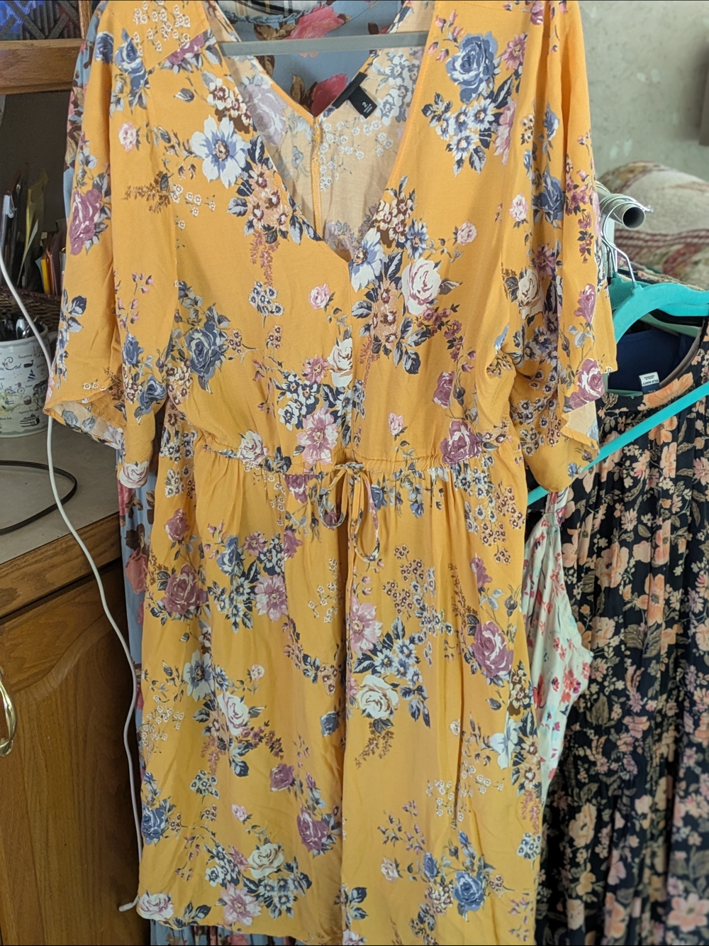 torrid Mustard Floral V-Neck Tie-Waist Midi Dress